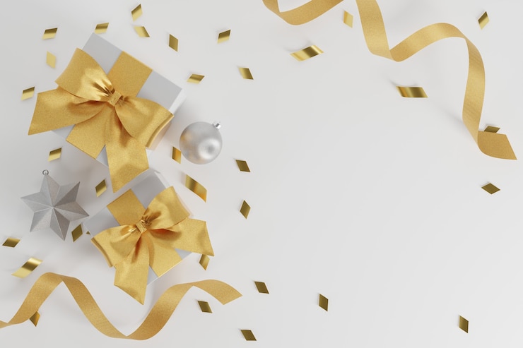 Photo 紙吹雪と装飾が施されたクリスマスと新年のギフト。バナーデザイン3dイラスト