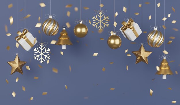 Regali di natale e capodanno con coriandoli e decorazioni. banner design 3d illustration