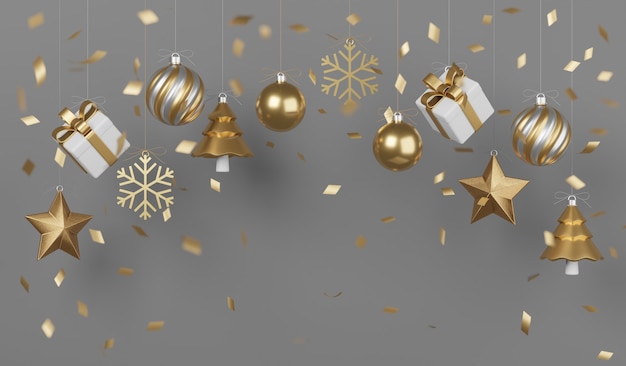 紙吹雪と装飾が施されたクリスマスと新年のギフト。バナーデザイン3Dイラスト