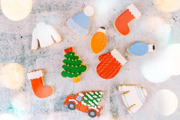 Christmas and new year gingerbread cookies on table sweets tasty biscuits glazed sugar icing