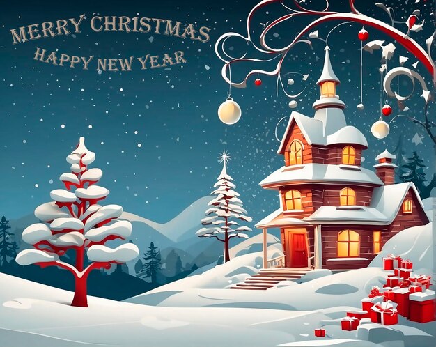 Photo christmas new year greeting card beautiful vector background forest house with lights