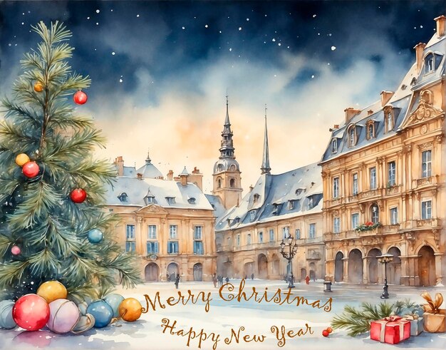 Christmas New Year Greeting card beautiful watercolor background city landscape