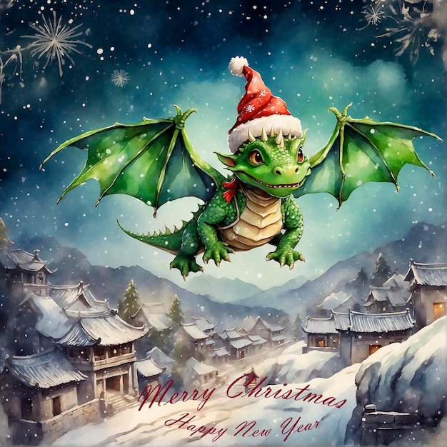 Фото Рождественская новогодняя открытка дракон летает над китайской деревней
