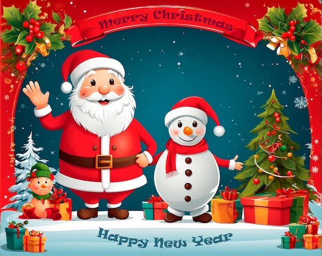 Photo christmas new year greeting card santa claus and snowman