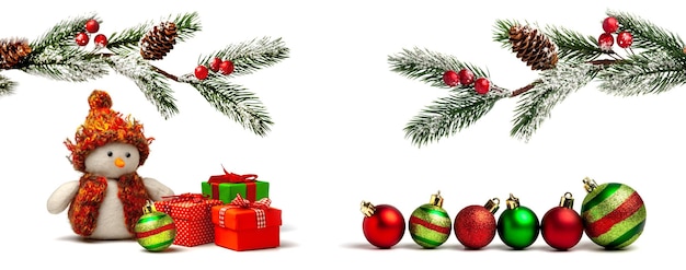 Рождественская и новогодняя открытка Снеговик с подарками и елочными игрушками изолированы