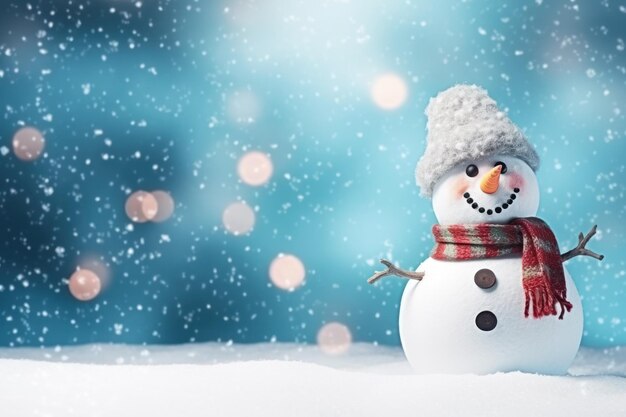 Christmas and new year greeting card with empty space featuring a cheerful snowman