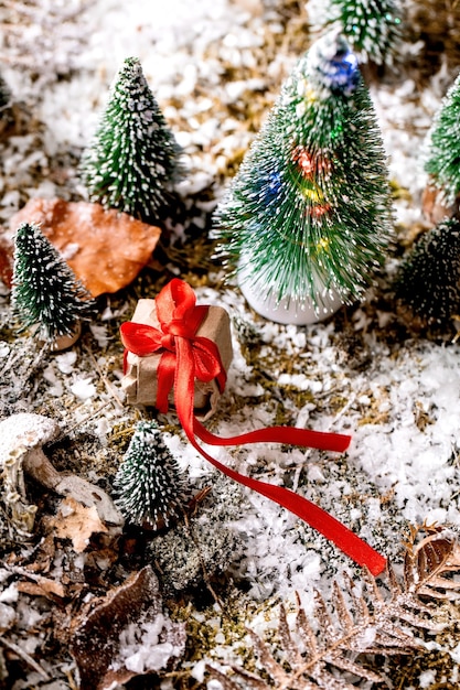 Christmas or New Year greeting card with winter forest