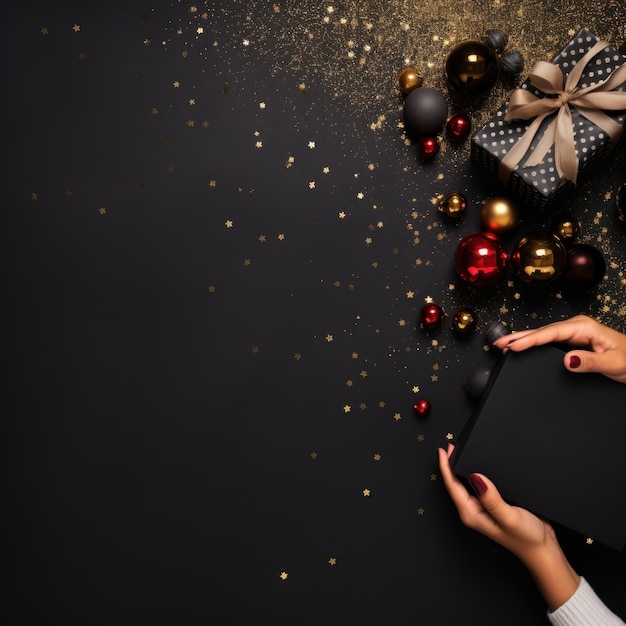 クリスマスと新年の休日の背景コピー スペースと黒の背景にギフト ボックスの平面図