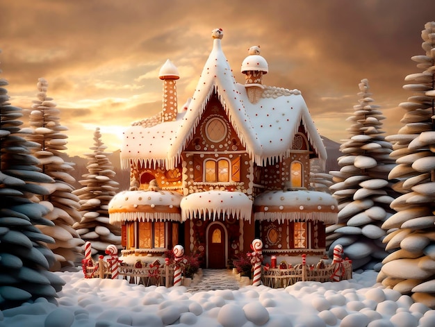 겨울 숲에 진저브레드 하우스가 있는 크리스마스와 새해 연휴 배경AI 생성