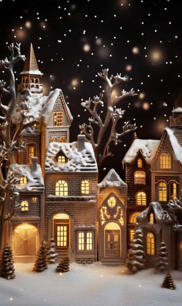 Christmas and New Year holiday background with gingerbread houses in the snow