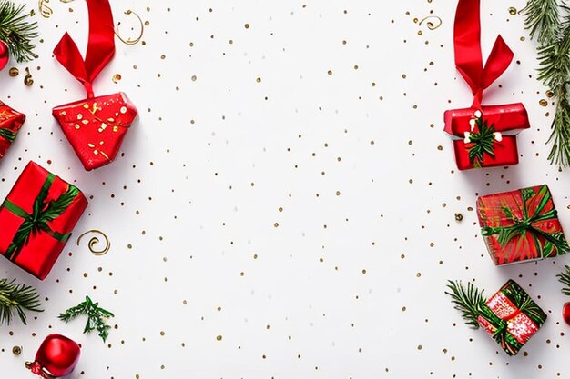 クリスマスと新年の休日の背景 Xmasグリーティングカード 白い背景のクリスマスプレゼントトップビュー
