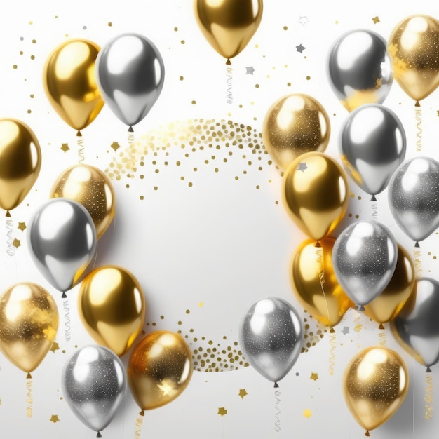 Photo christmas and new year holiday party background golden balls on white background