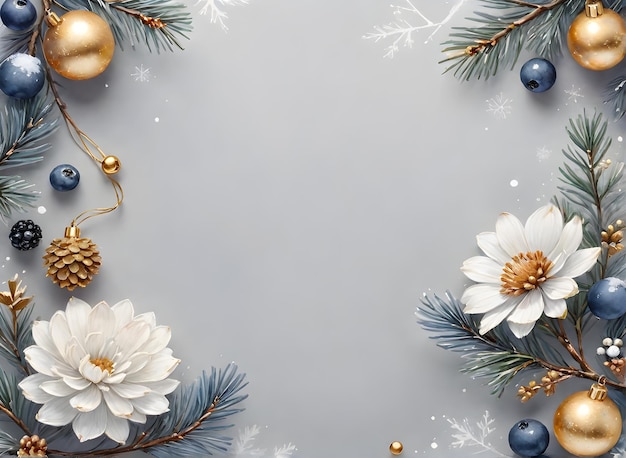 Photo christmas and new year holiday white flowers berries and christmas decorations digital painting