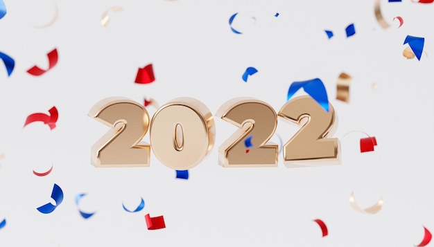 Christmas or New Year holidays background, golden 2022 letter with confetti, 3d render