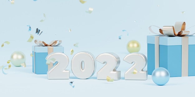 Christmas or New Year holidays background, shiny 2022 letter with confetti and gift boxes, 3d render