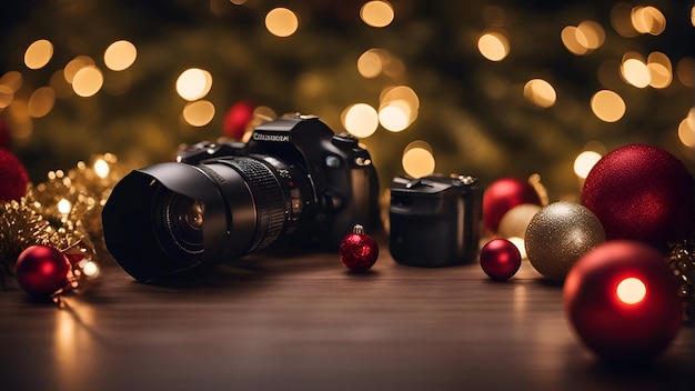 Photo christmas and new year holidays background with camera and bokeh lights