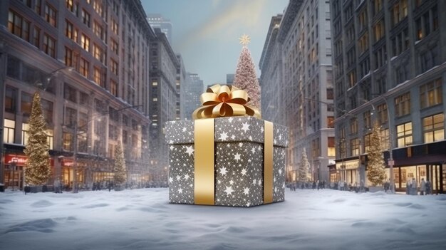 Photo christmas and new year holidays background with golden gift box and christmas trees in the city