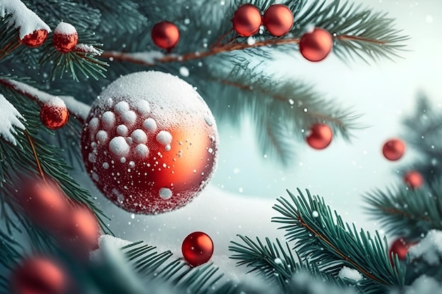 christmas and new year holidays concept Red balls on fir branches