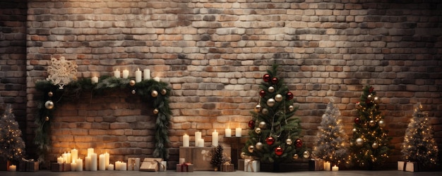 Christmas New Year interior brick wall decorated with christmas tree candle ormanent Generative ai