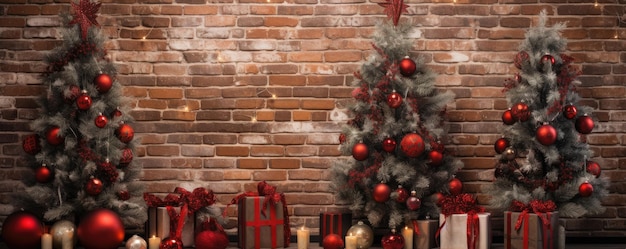 크리스마스 새해 인테리어 벽돌 벽은 크리스마스 트리 불으로 장식 ormanent Generative ai