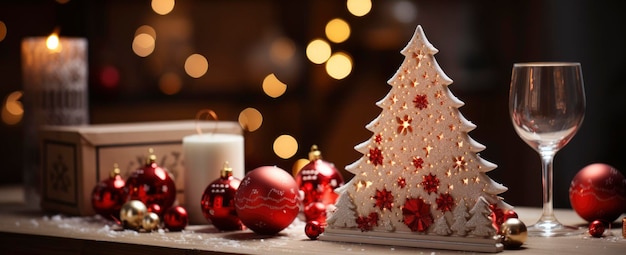 Christmas New Year interior with red brick wall background decorated fir tree with garlands and balls