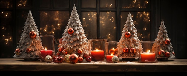 Christmas New Year interior with red brick wall background decorated fir tree with garlands and balls