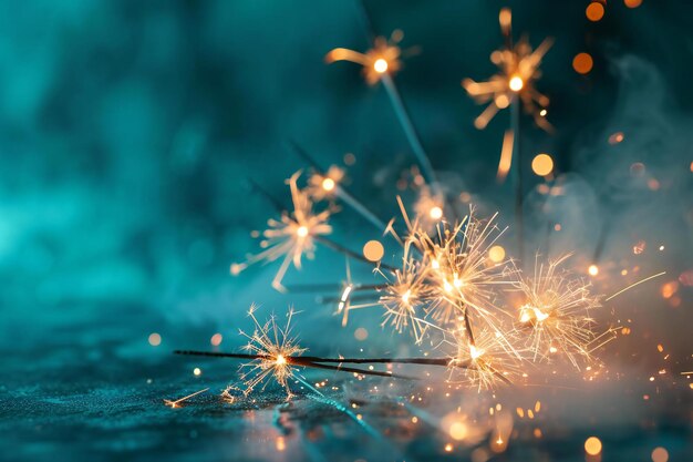 Foto sparklers per la festa di natale e capodanno sullo sfondo festivo con bokeh