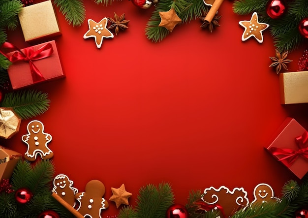 Christmas and New year red background decorations and elements layout flat lay template