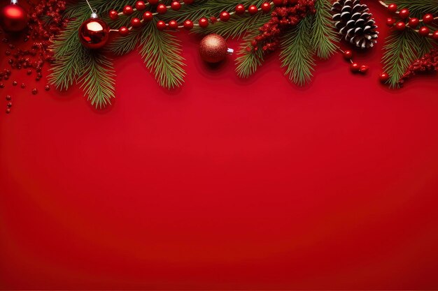 Christmas or new year red background with fir decor
