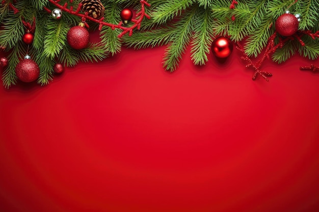 Christmas or New Year red background with fir decor