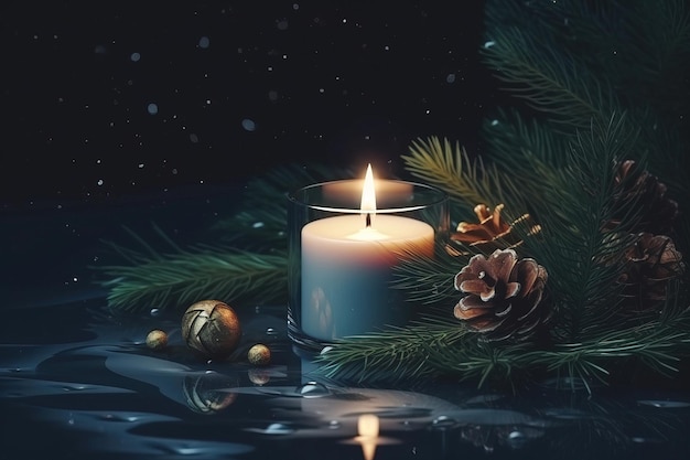 Рождественская и новогодняя открытка со свечой и сосновыми иглами возле ветви елей