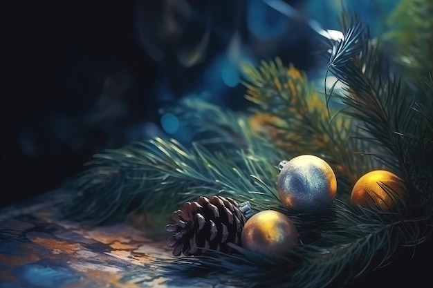 Christmas and New Year's card with Christmas tree ornaments near a Christmas tree branch, AI generation