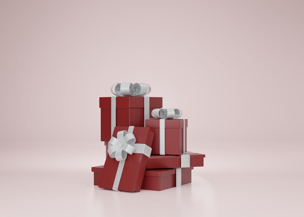 Foto natale e capodanno raggruppano scatole regalo rosse scure su sfondo rosa immagine di rendering 3d