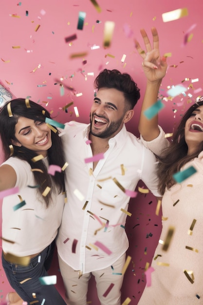 Foto festa di natale e capodanno confetti giovani che si divertono a ballare con la musica