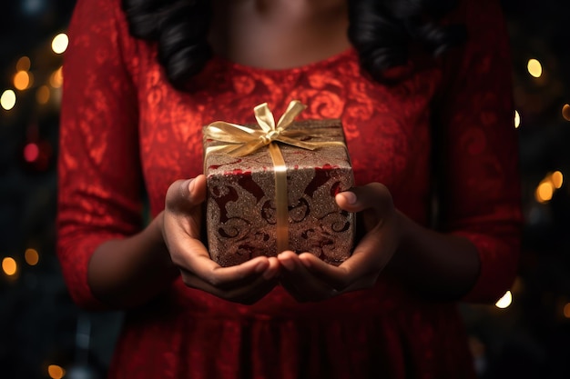 Christmas or New Year's gift box in female hands Merry christmas and happy new year concept