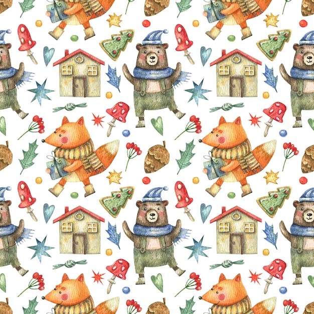 Photo christmas, new year seamless pattern with cute fox and bear animals, house, winter leaves.