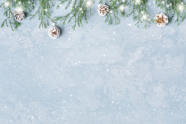 小枝とコーンの境界線とクリスマスと新年の雪に覆われた背景