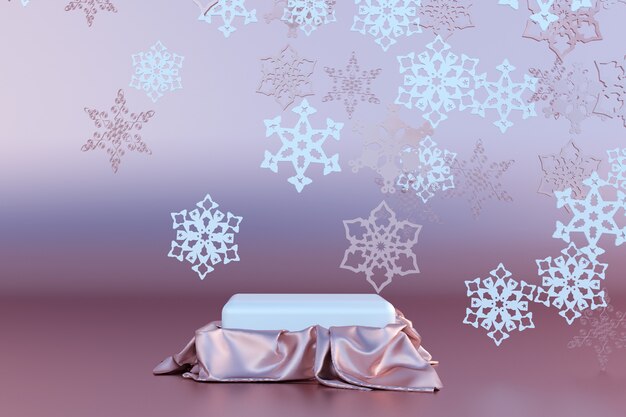 Christmas and New Year template 3D rose gold background with empty podium and snowflakes