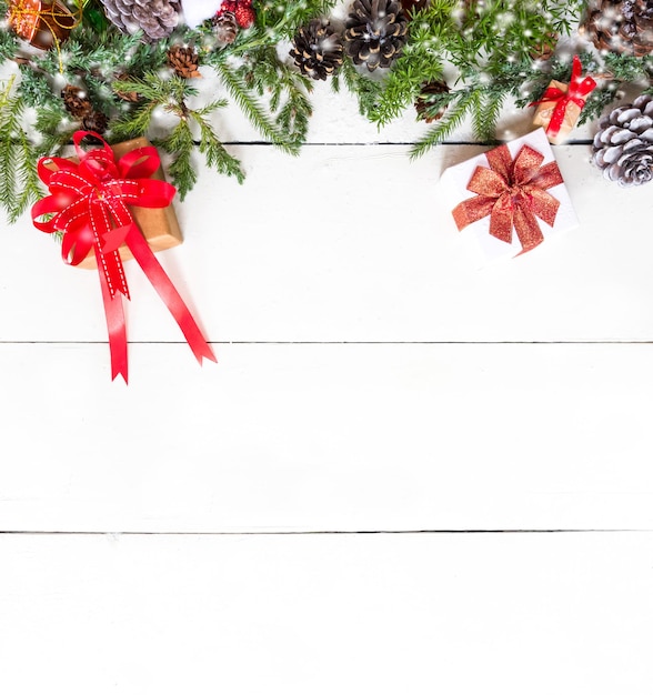 Christmas and New Year on white. Copy space for text on wood background.