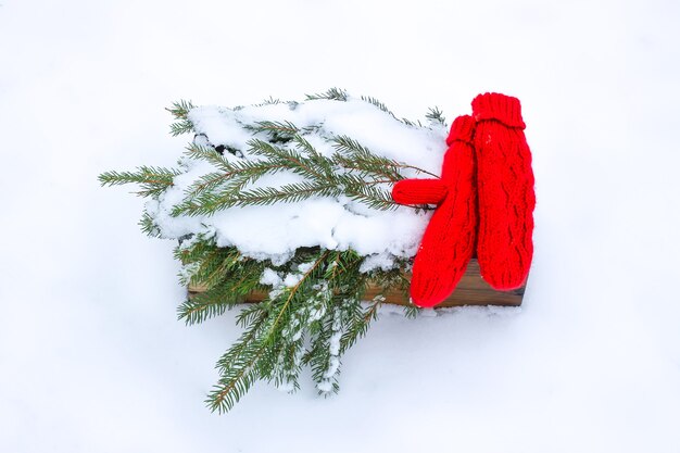 Christmas and New Year winter holiday composition with red wooden surface