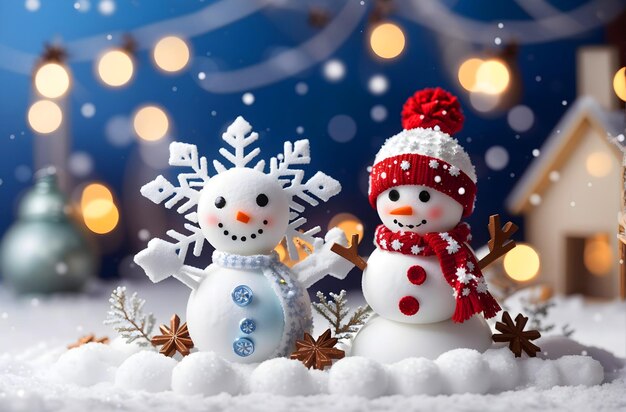 Photo christmas and new year with couple snowman doll golden star with pine tree on white snow season