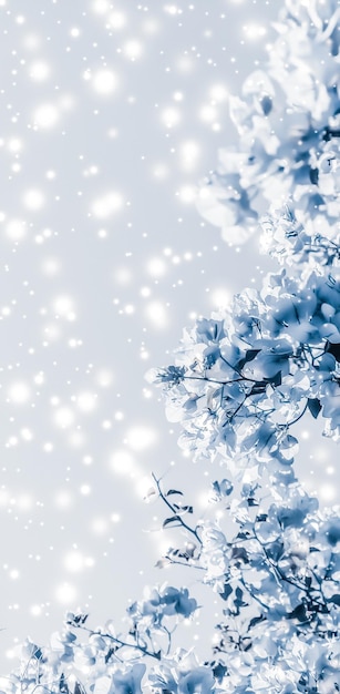 Christmas New Years blue floral nature background holiday card design flower tree and snow glitter as winter season sale backdrop for luxury beauty brand