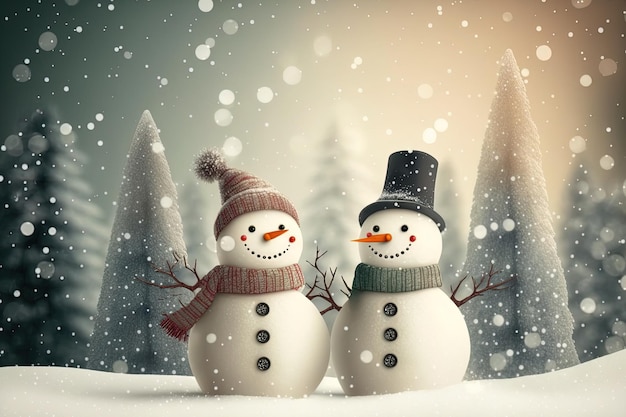 Christmas and new years card with snowmen in a forest during a snowstorm