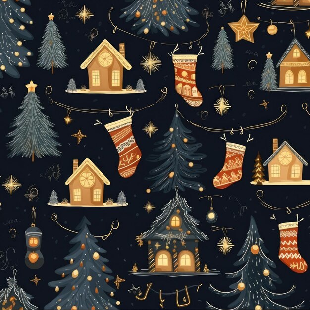 Photo christmas new years seamless pattern with houses fir branches gifts stars and socks on a dark b