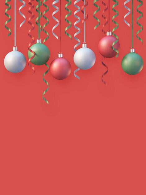 Christmas and newyear decoration background with christmas ball and ribbon on red background,3D render background