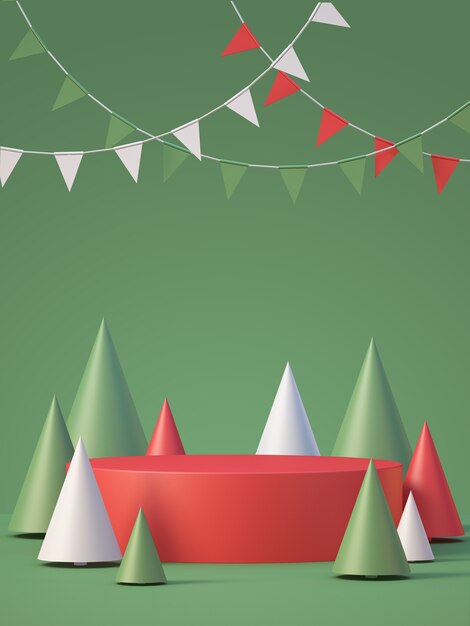 Christmas and newyear product podium mockup display background with chirstmas tree,3D render background