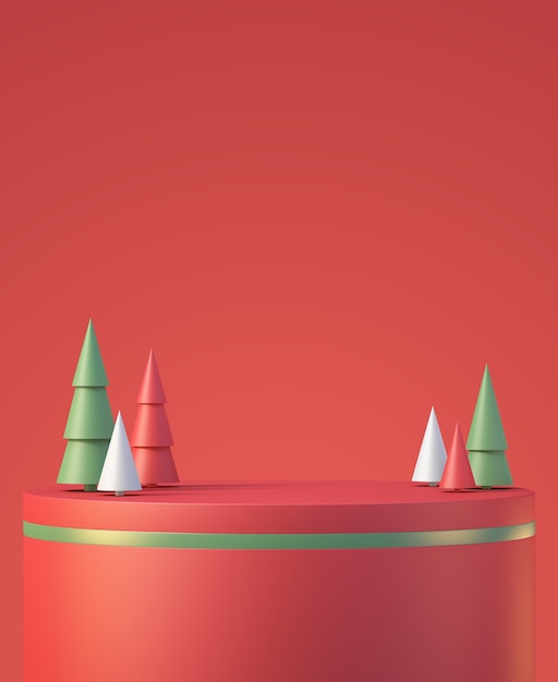 Рождественский и новогодний продукт подиум макет отображения фона с рождественской елкой, 3D визуализация фона