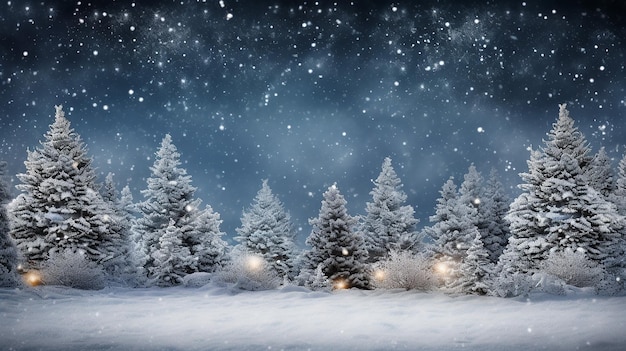 Christmas night background with xmas tree with snow decorated