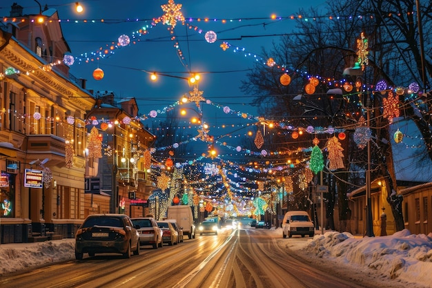 Photo christmas night illumination in uzhgorod