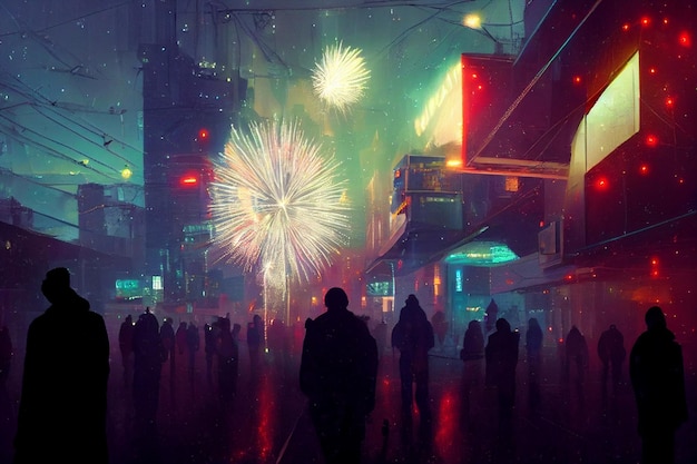 christmas night people lights fireworks